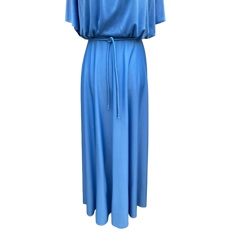 Vintage 70s Blue Mock Neck Cape Sleeve Maxi Dress Disco Gown Tie Waist Blue - Picture 10 of 14